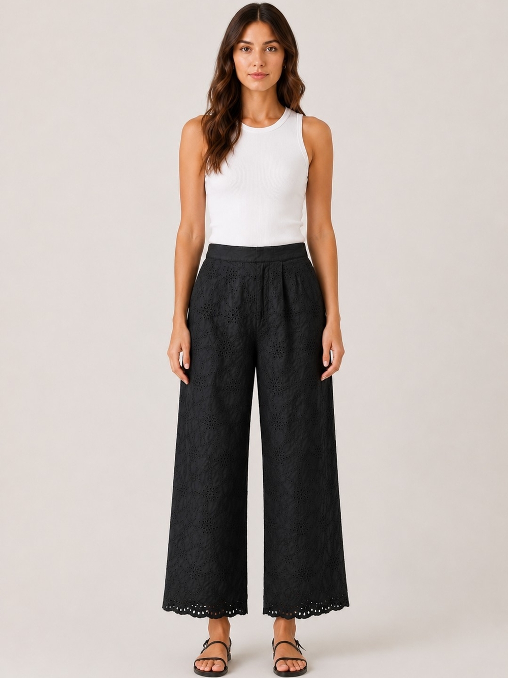 Zara Black Eyelet Embroidery Wide Leg Culotte Pants XS High Waist Boho Coquette